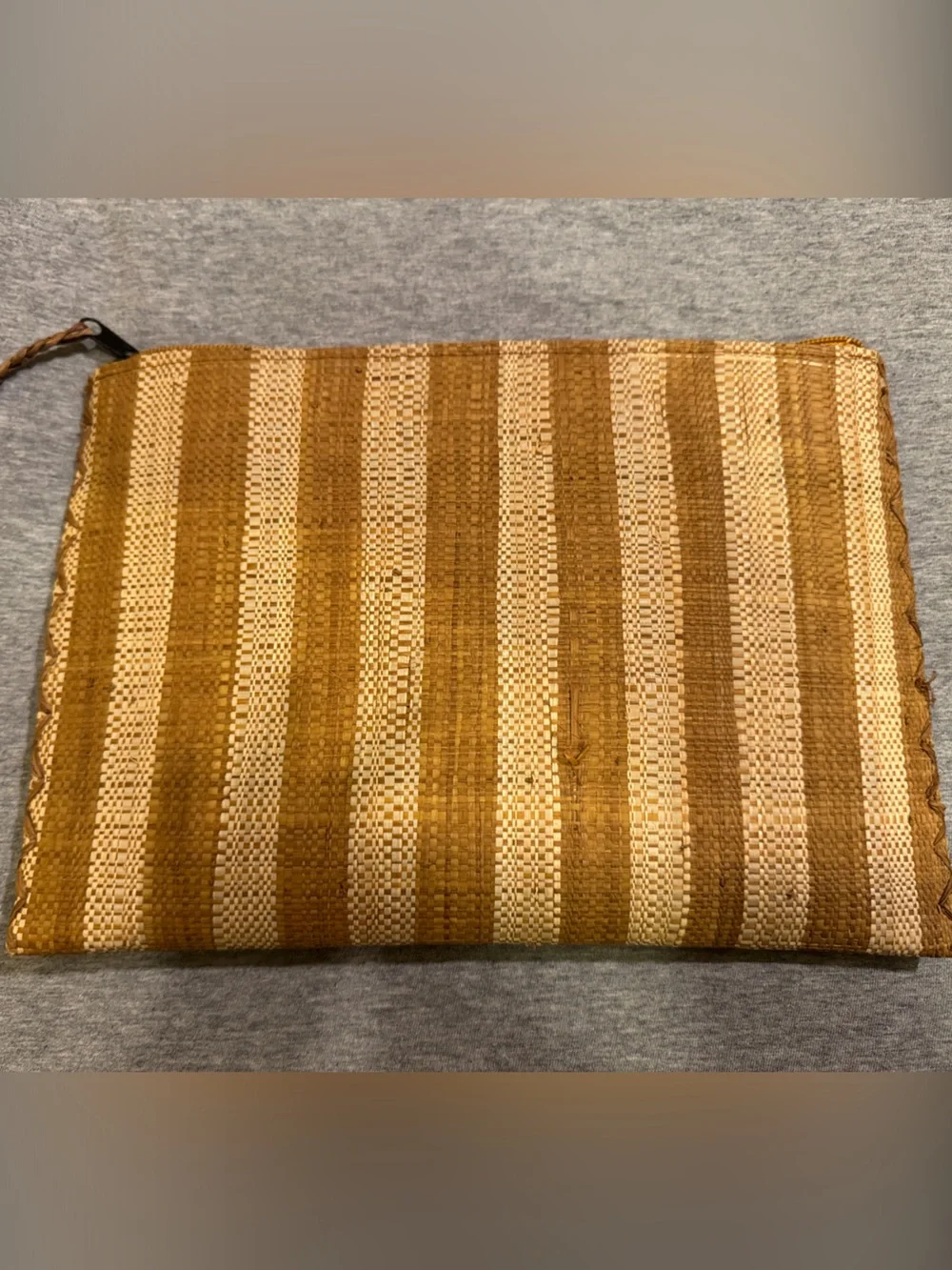 Striped Woven Raffia Straw Pouch Set - Brown & Cream Handmade in Madagascar